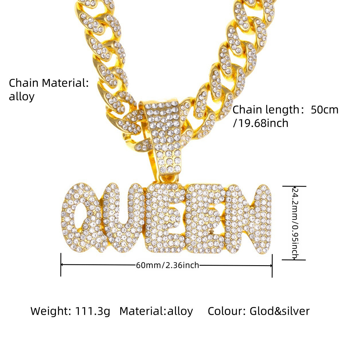 The QUEEN English letter pendant is adorned with Cuban cha