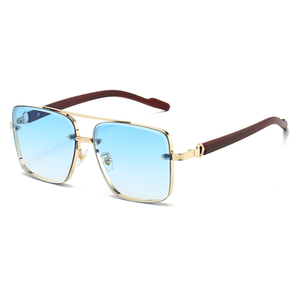 Metal double-beam square frame wood-grain leg trendy sunglasses for men driving the sun