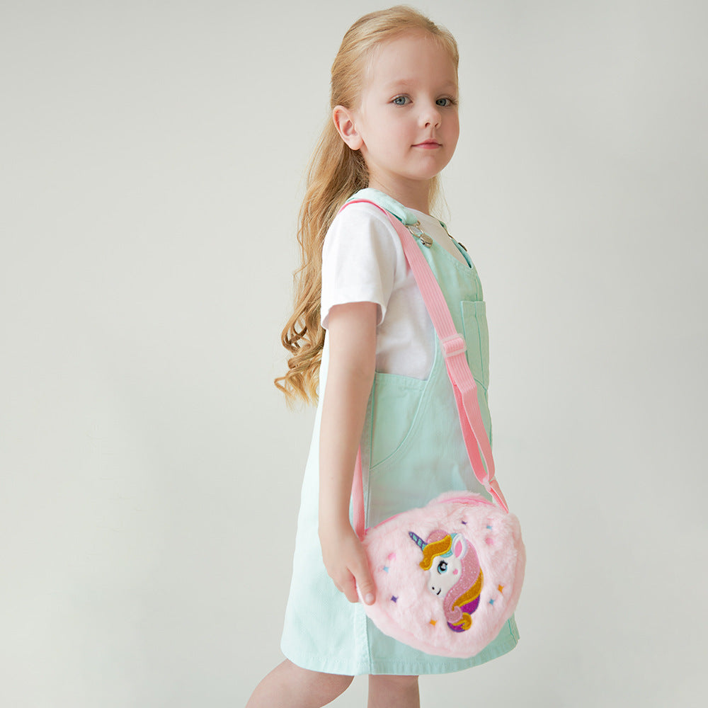 Children's heart-shaped unicorn cartoon single-shoulder bag, plush heart-shaped crossbody bag, kindergarten girls' candy storage bag