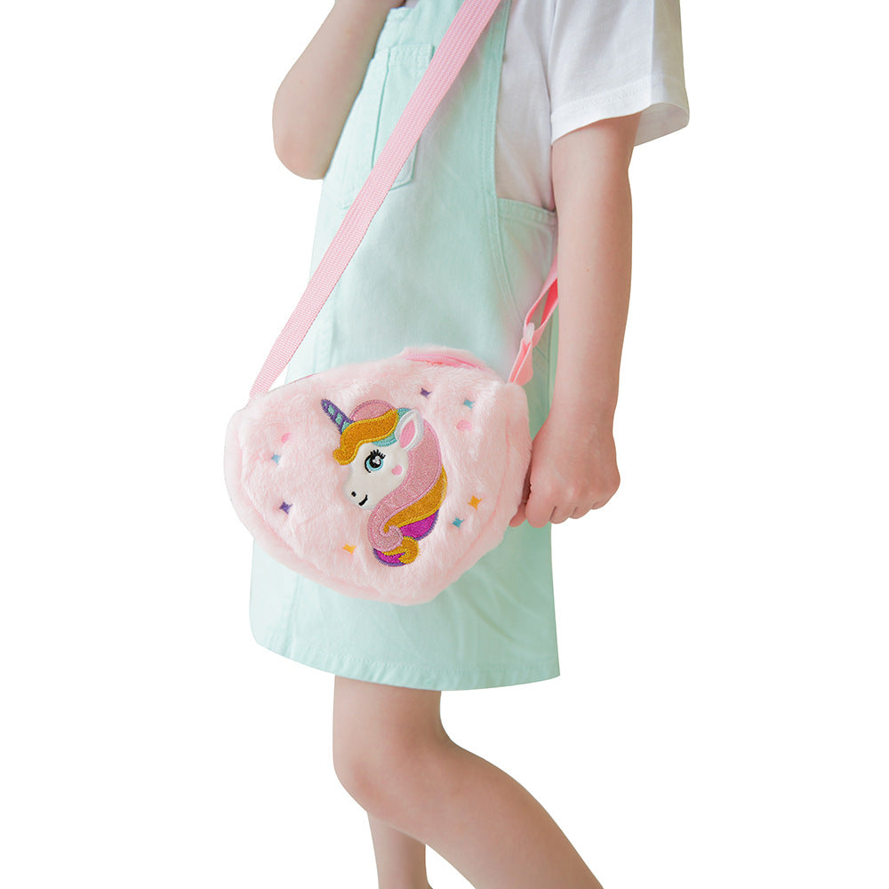 Children's heart-shaped unicorn cartoon single-shoulder bag, plush heart-shaped crossbody bag, kindergarten girls' candy storage bag
