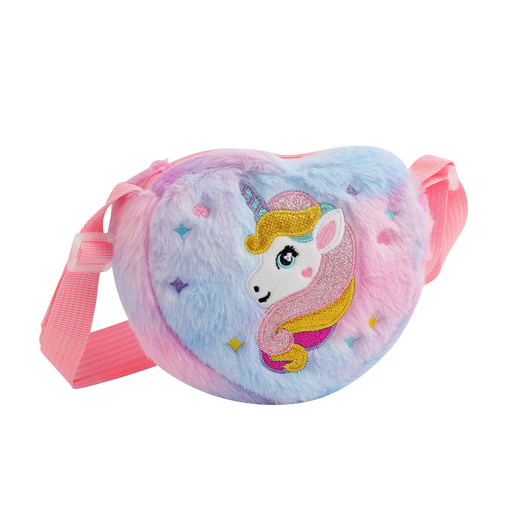 Children's heart-shaped unicorn cartoon single-shoulder bag, plush heart-shaped crossbody bag, kindergarten girls' candy storage bag