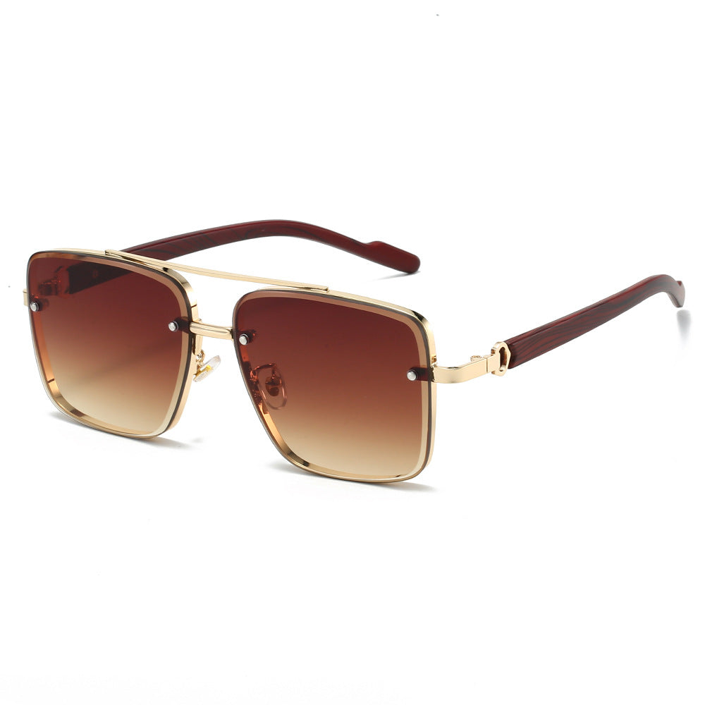 Metal double-beam square frame wood-grain leg trendy sunglasses for men driving the sun