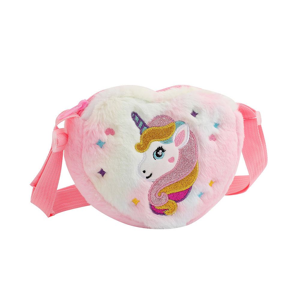Children's heart-shaped unicorn cartoon single-shoulder bag, plush heart-shaped crossbody bag, kindergarten girls' candy storage bag