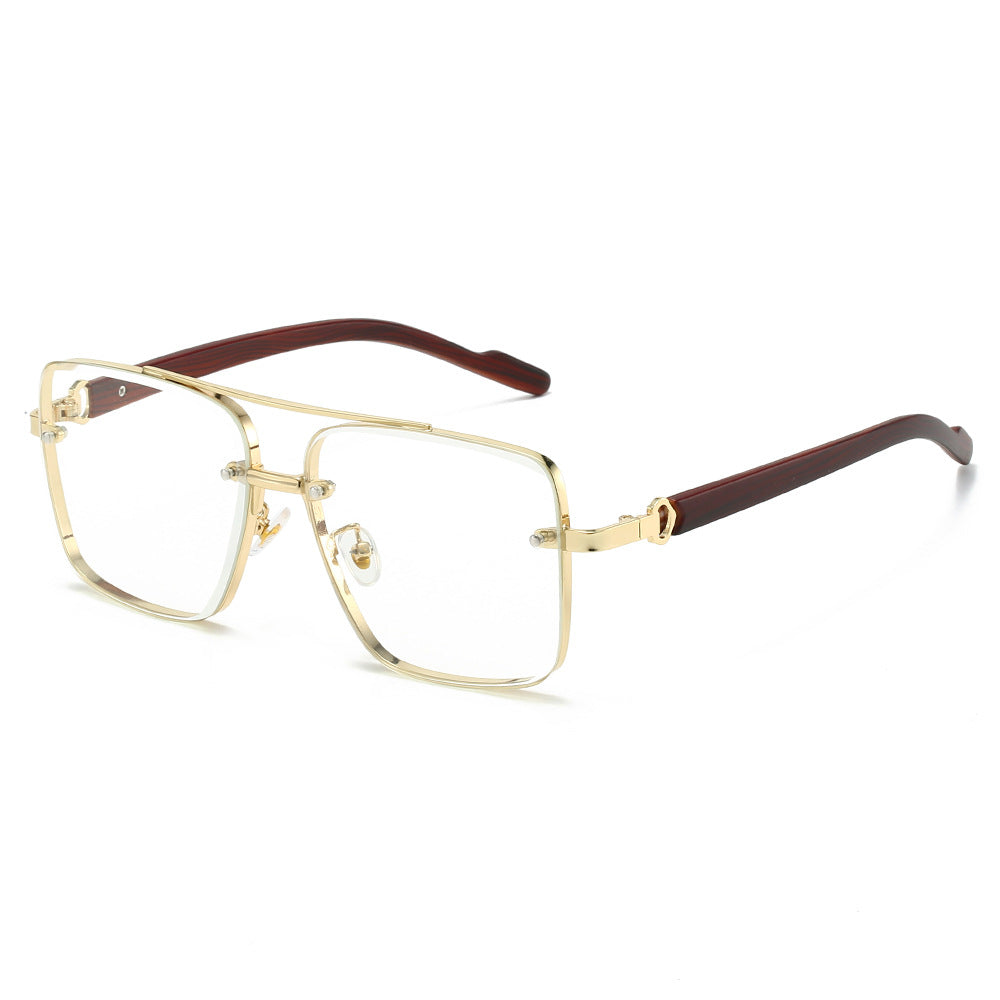 Metal double-beam square frame wood-grain leg trendy sunglasses for men driving the sun