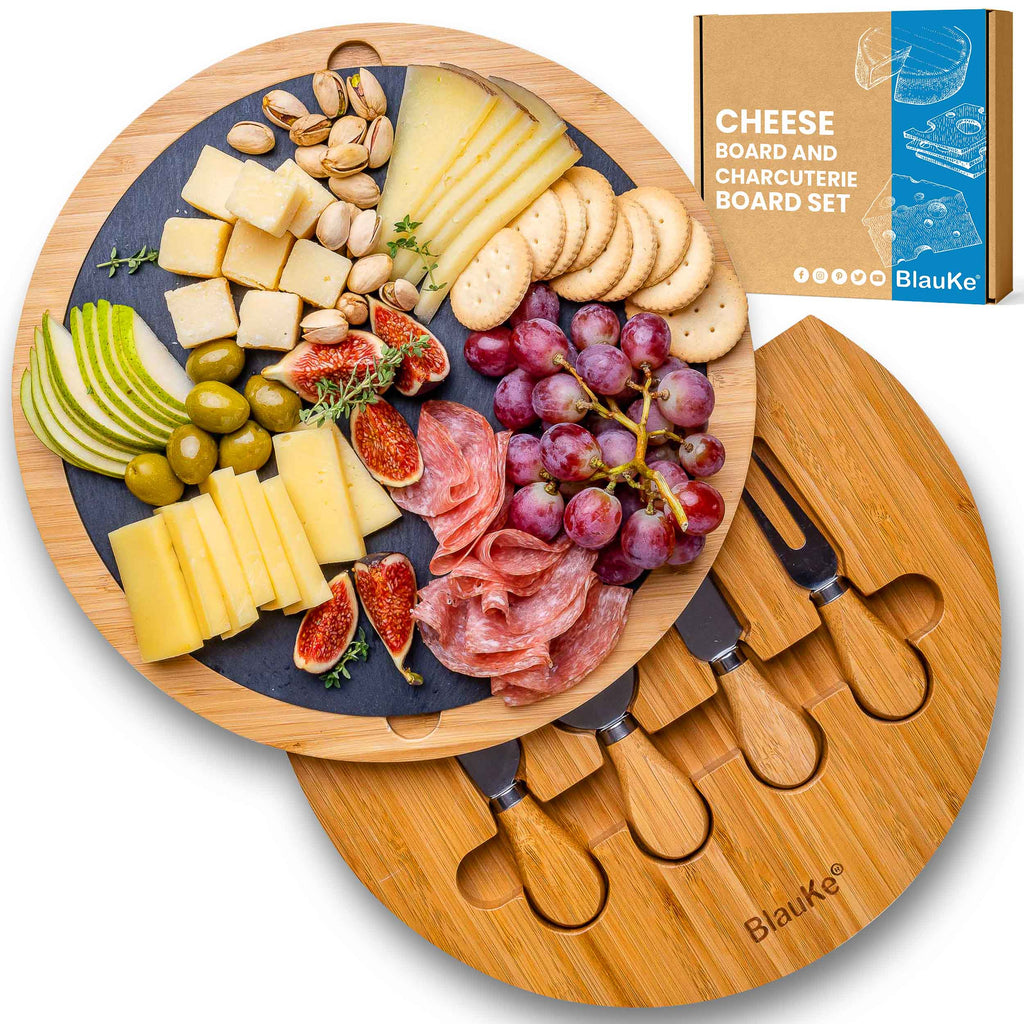 Bamboo Cheese Board With Knife Set - 12 Inch Swiveling Charcuterie Board