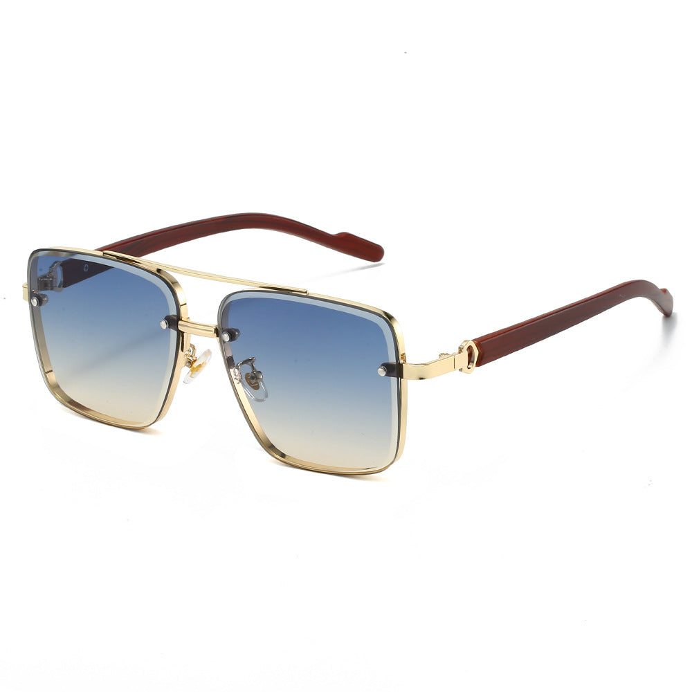 Metal double-beam square frame wood-grain leg trendy sunglasses for men driving the sun