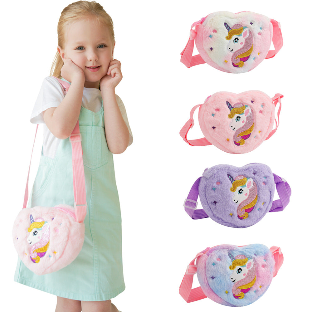 Children's heart-shaped unicorn cartoon single-shoulder bag, plush heart-shaped crossbody bag, kindergarten girls' candy storage bag