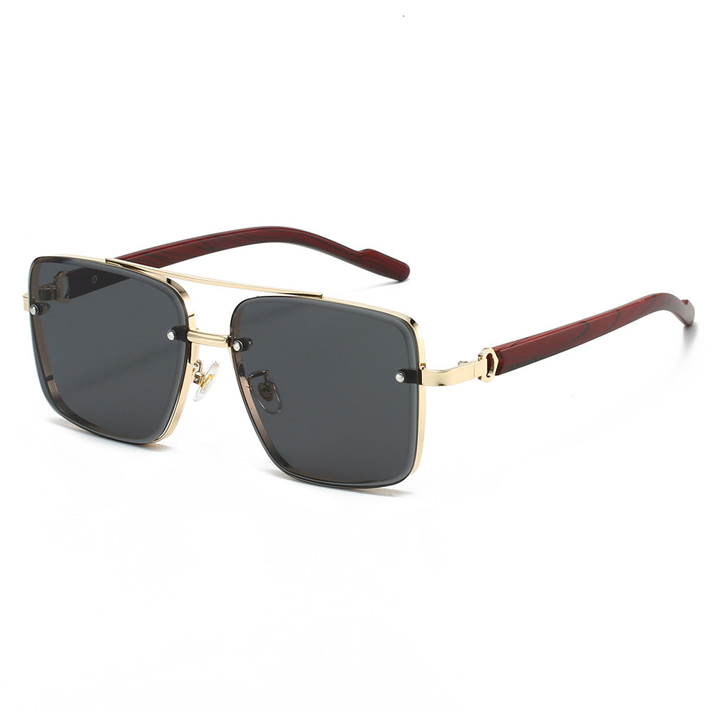 Metal double-beam square frame wood-grain leg trendy sunglasses for men driving the sun