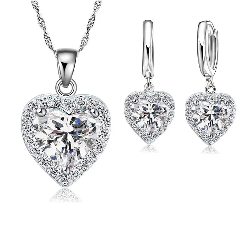 Women Bridal Wedding Heart Austrian Crystal Necklaces Earrings Set