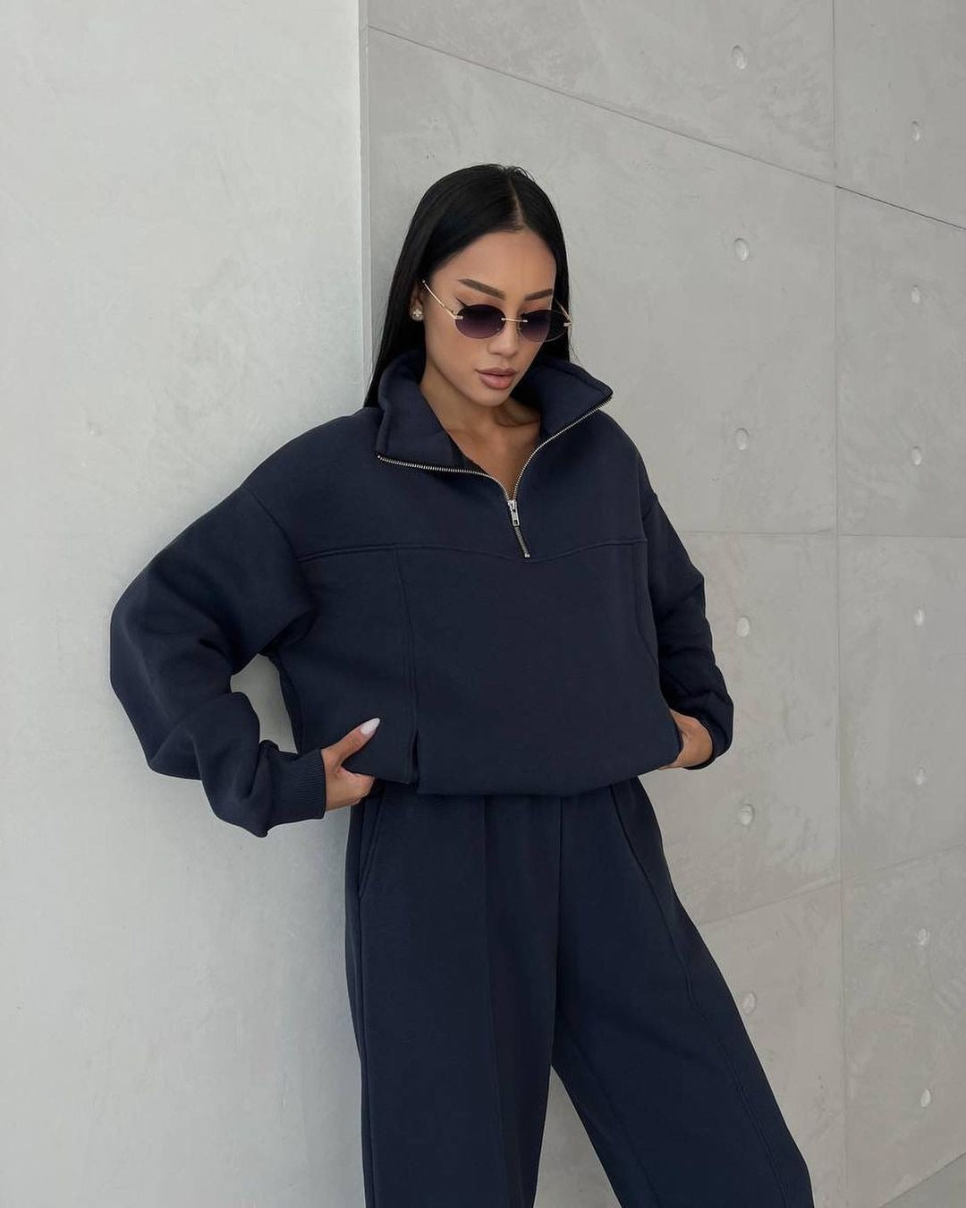 Loose and casual, thickened long-sleeved stand-up collar sweatshirt and long pants